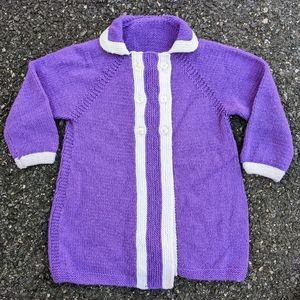 Vintage 50s 60s Handmade Purple & White Trim Wool Cardigan Sweater Sz XS Retro.